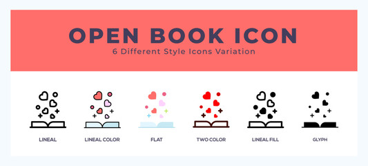 Open book set of icons. Vector illustration with different styles.