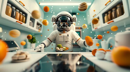Worms-eye view of a space-themed kitchen with floating ingredients, astronaut cook at the center