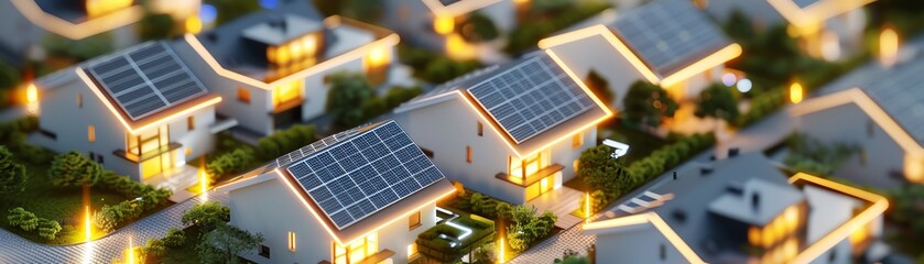 Aerial view of modern houses with solar panels on roofs, illuminated by warm lights at dusk, showcasing sustainable living in a suburban neighborhood.