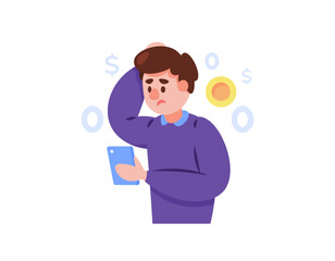 illustration of a man looking confused because he has run out of money. businessman with financial problems. account balance 0. economic problems and financial crisis. flat style character design