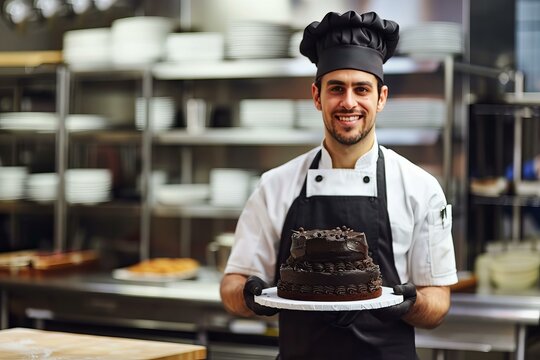Happy pastry chef is holding a chocolate cake he has made in a commercial kitchen - Powered by Adobe