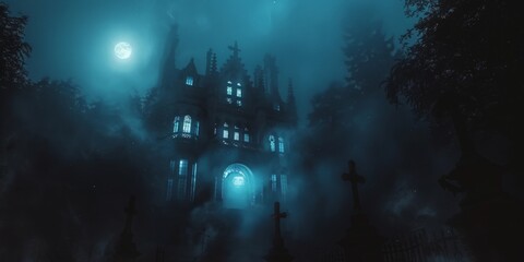 Obraz premium Gothic mansion in a pine forest, foggy evening, epic spooky atmosphere, grave crosses