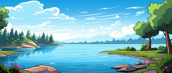 Serene Cartoon Landscape with Lake and Mountains. Ideal for Animation or Game Background