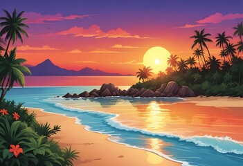 Colorful tropical sunset in palm trees forest and calm water reflection. Vector ocean beach landscape illustration for horizontal banner