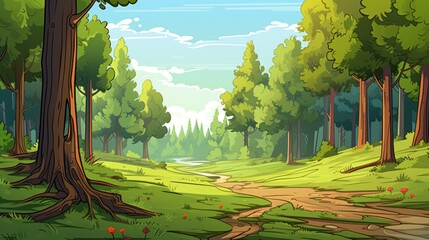 Cartoon illustration of a lush green forest with a path leading to a bright, sunny clearing. Perfect for children's books, games, and animations.