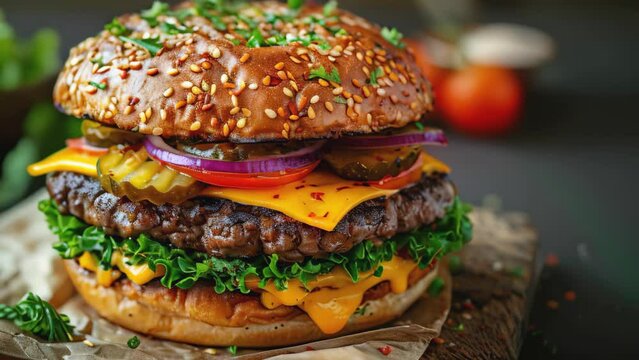 Sliced tasty juicy double beef cheese burger with fresh lettuce, tomatoes, onions, pickles and melted cheese stacked high, gourmet fast food, restaurant menus, hamburger sandwich with special sauces