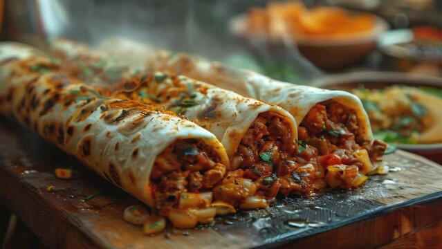 Shawarma, gyro, fresh roll of lavash, doner kebab with steam. Beef, pickled cucumber, carrot. Served on wooden plate. Traditional Eastern oriental snack, street food menu.