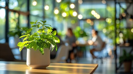 Fototapeta premium Office lounge bright contemporary potted green plant on wooden table with softly blurred space sunlit modern interior background workplace workspace