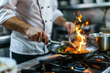 Chef cooking vegetables on fire in wok pan on restaurant kitchen