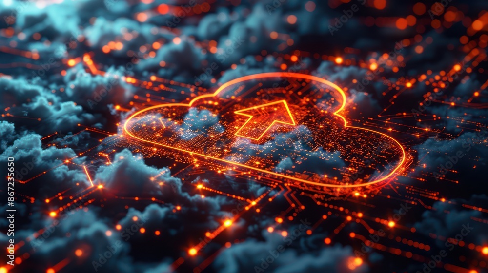 Poster digital cloud network with upload arrow