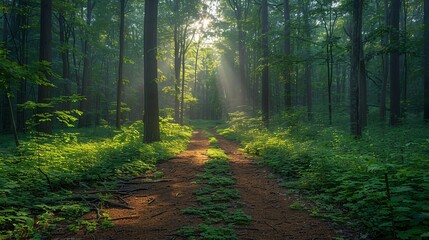 Obraz premium Sunlit forest path, tall trees, dappled sunlight filtering through leaves, lush undergrowth, tranquil and inviting, vivid greenery