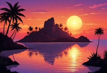 Evening on the beach with palm trees. An evening on the beach with palm trees. Colorful picture for rest. Blue palm trees at sunset. Orange sunset in the blue sky. Vector illustration