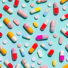 Colorful medicine bottles and pills, shot from above, making a fun pattern on a bright pastel color background, magazine cover photo