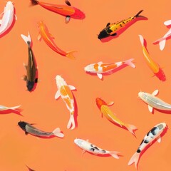 koi fish and whole, shot from above, making a cartoon pattern on a bright pastel color background, magazine cover photo