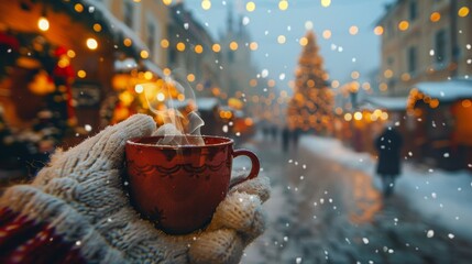 Man in warm mittens enjoying mulled wine at snowy christmas market in festive town