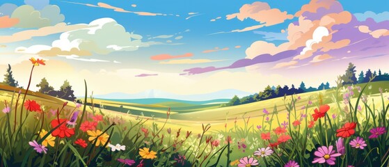 Naklejka premium Scenic landscape of a wildflower meadow with blue sky and clouds. Digital art illustration for backgrounds, wallpaper, nature lovers, and spring.