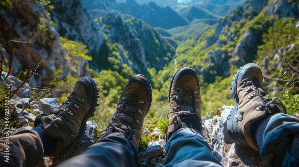 Poster a view from below of the groups feet with a picturesque mountain path stretching out ahead of them t