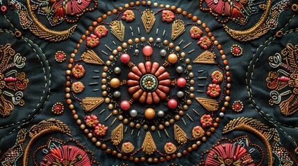 A detailed close-up of colorful embroidery featuring intricate patterns and beadwork on fabric, showcasing traditional craftsmanship.