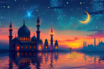 A beautiful painting of a city with a large mosque.