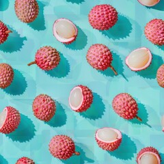 Lychee slices and whole, shot from above, making a fun pattern on a bright pastel color background, magazine cover photo