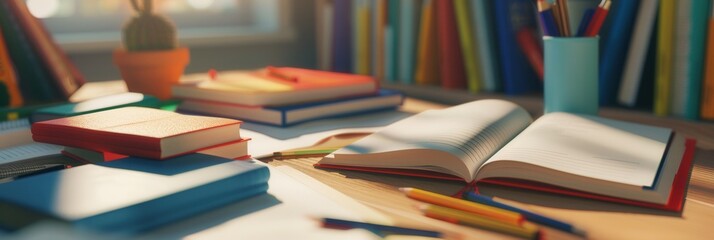 An organized desk with open textbooks, notebooks, pens, and pencils, perfect for tutoring services and educational centers. Generative AI