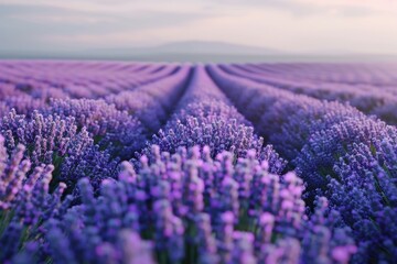 Obraz premium A stunning view of a lavender field in full bloom stretching into the horizon under a pastel sky, showcasing nature's vibrant colors and calm beauty.