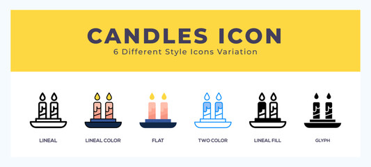Candles icon set with different styles. Icons designed in filled. outline. flat. glyph and line colored.