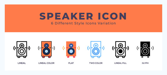 Speaker icon set. outline. glyph black. flat color and filled line color