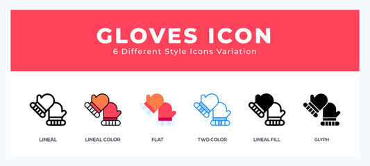 Gloves icon symbol set. outline. glyph black. flat color and filled line color.