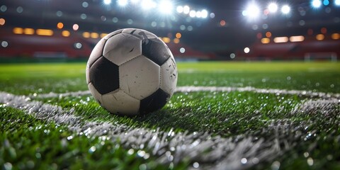 Fototapeta premium Close-up of a well-used soccer ball on a grass field with stadium lights and a sunset backdrop, capturing the essence of soccer.
