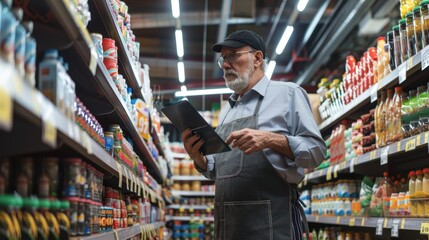 Worker with tablet in grocery aisle
