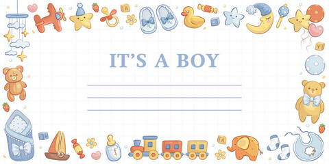 Baby shower greeting card, web banner, cover, flyer, party invitation design template with hand drawn cartoon toys, clothes and flowers. Vector illustration © AM_art