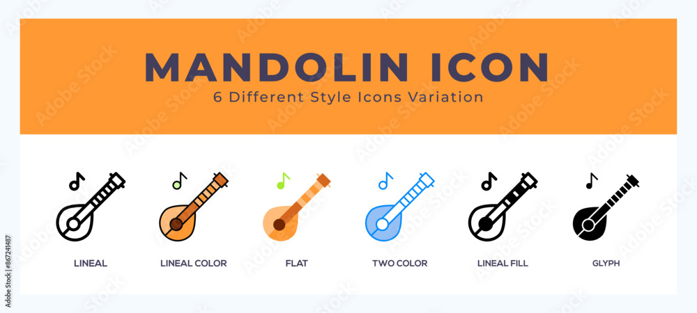 Poster mandolin icon set with different styles. design elements for logo. vector illustration.