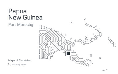 Papua New Guinea, Map with a capital of Port Moresby Shown in a Microchip Pattern. E-government. World Countries vector maps. Microchip Series	