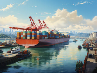 Fototapeta premium Generous Aerial side view of cargo ship carrying container and running for export goods from cargo