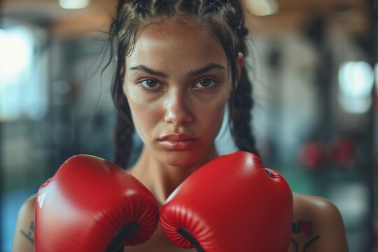 Young female boxer with braided hair, wearing red gloves, and intensely focused during her training in the gym.