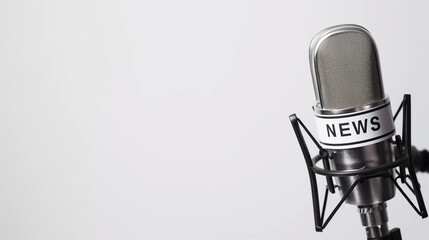 Minimalist photo of news microphone with "NEWS" label on clean white backdrop. Highlights relevance of news reports, suitable for news applications.

