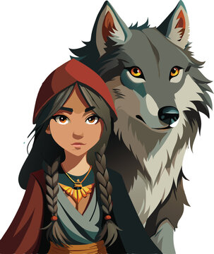 Beautiful young woman is hugging wild wolf with love