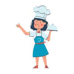 Young chef girl holding food tray vector illustration. Inspiring Future Career for Kids