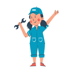 Young female mechanic holding wrench and waving, celebrating labor day vector illustration