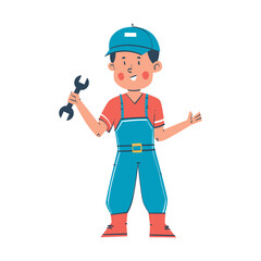 Smiling boy mechanic holding wrench, aspiring engineer, future career choices for kids concept illustration