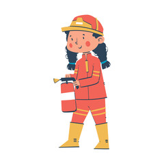 Young firefighter girl holding fire extinguisher, emergency service character illustration. Inspiring Future Career for Kids