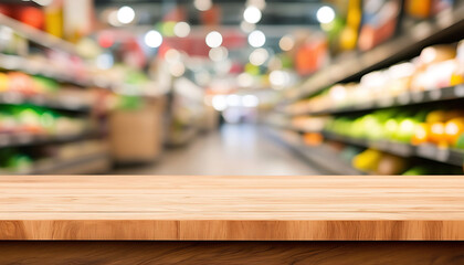 Empty wooden table with blurred supermarket aisle background