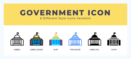 Government icon symbol set. outline. glyph black. flat color and filled line color.
