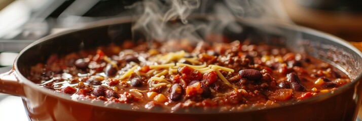 A steaming pot of homemade chili cooked with avocado oil that adds an extra depth of flavor without any bitterness.