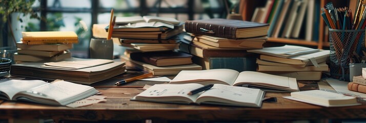 A well-organized study desk with open textbooks, notebooks, pens, and pencils, ideal for tutoring services and educational centers. Generative AI