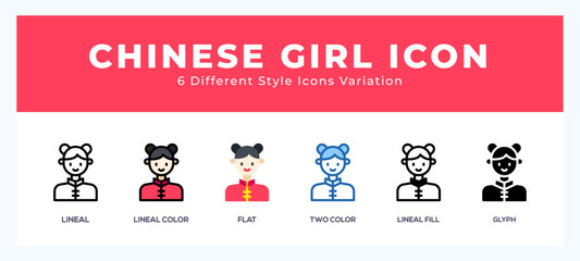 Chinese girl icon set pack vector illustration.