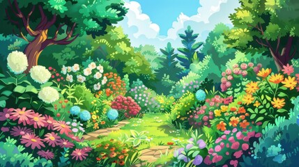 Whimsical cartoon forest path through vibrant flowers and lush trees, perfect for fantasy, adventure, and nature scenes.