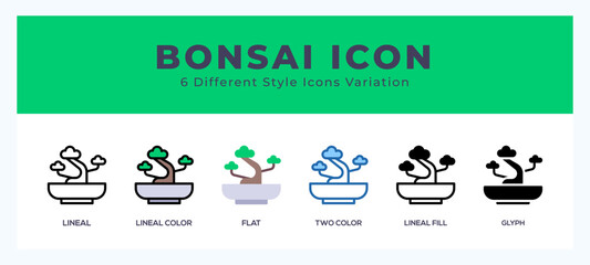 Bonsai icon set with different styles. Vector illustration.