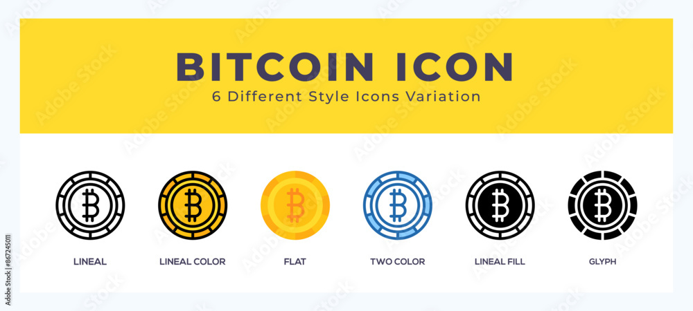 Poster bitcoin icon set with different styles. icons designed in filled. outline. flat. glyph and line colo
